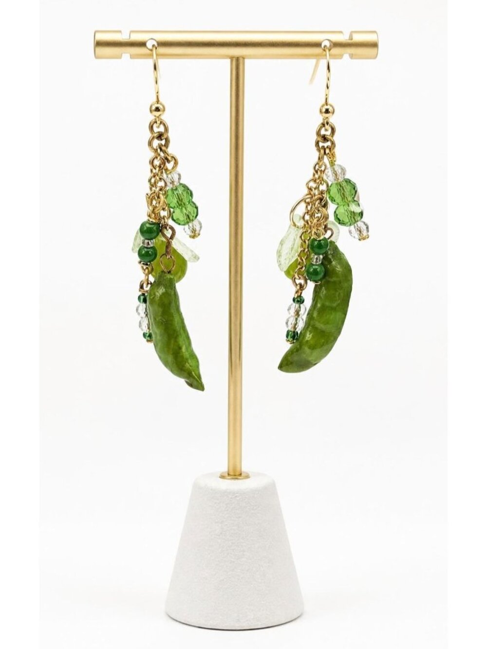 Peas In Pods Pear Sterling French Hook Earrings Glass Bead, Chain Dangles J887